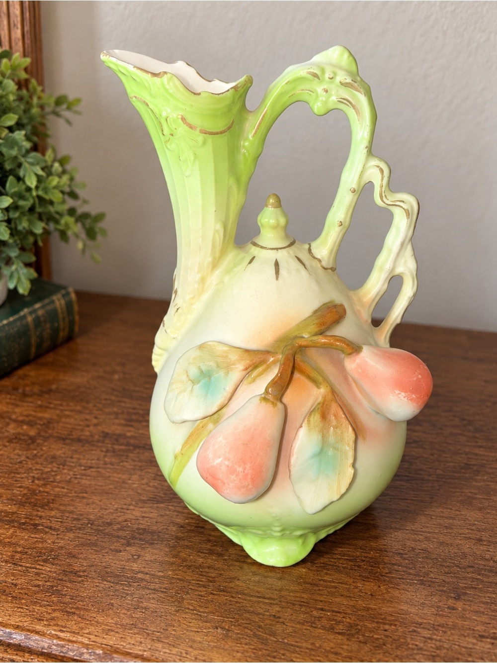 Antique Porcelain Pear Fruit Ewer Pitcher Applied Fruit Ornate Handle Green Pink